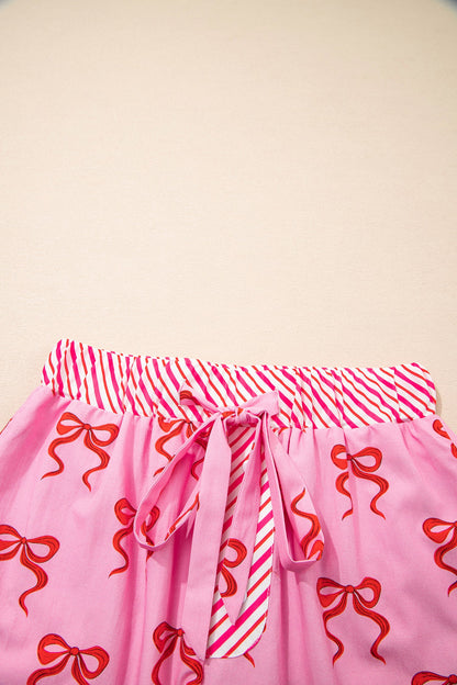 Bow Stripe Patchwork Elastic Waist Lace Trim Shorts