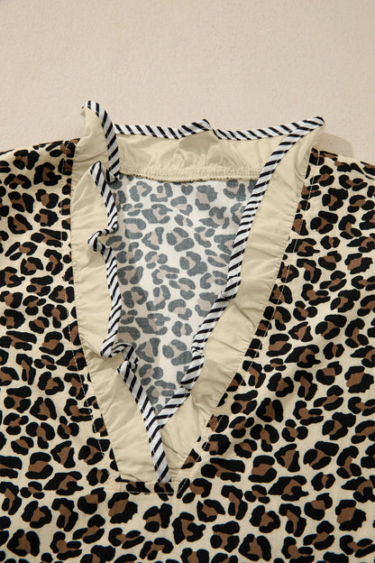Leopard Stripe Colorblock Trim V-Neck Mini Dress