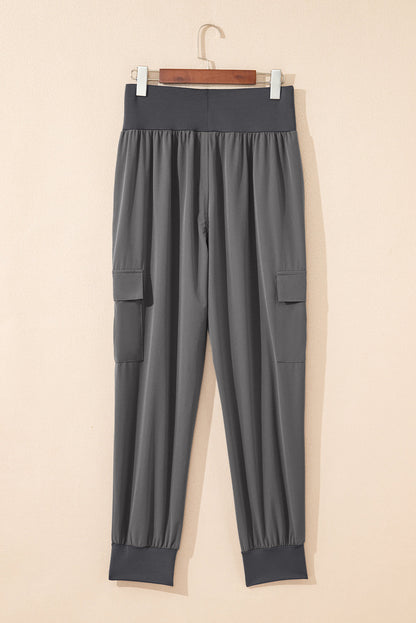Solid Elastic High Waist Pocketed Cargo Jogger Pants