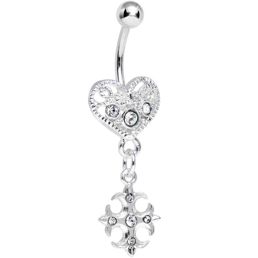 Crystalline Gem Heart with Gothic Cross Dangle Belly Ring
