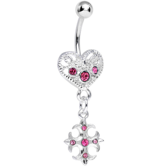 Pink Gem Heart with Gothic Cross Dangle Belly Ring