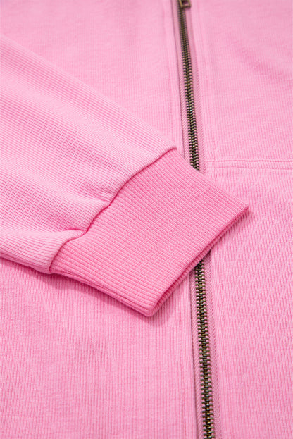 Solid Ribbed Zip-Up Drawstring Hooded Jacket