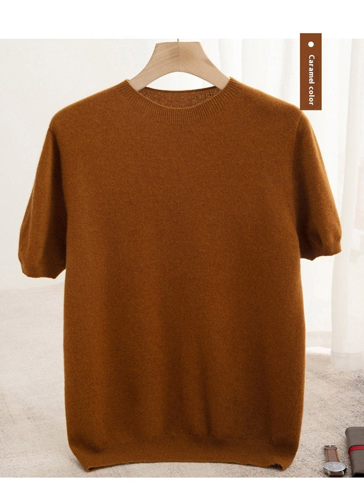 Knitted Short Sleeve Pure Wool Sweater Men's Round Neck