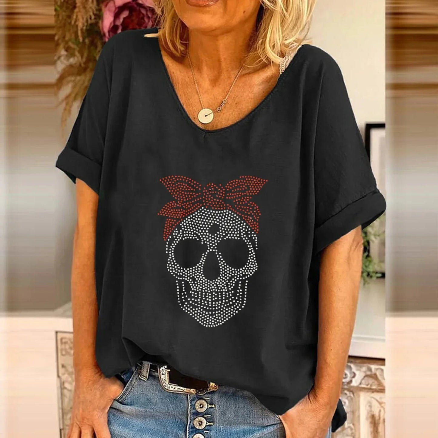 Casual Loose Skull Rhinestone T-shirt Short Sleeve Top