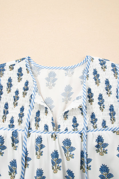 Floral Puff Sleeve Tied Neck Pocket Mini Dress