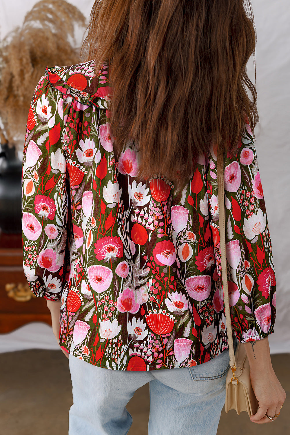 Floral 3/4 Sleeve Lace-Up Neck Blouse