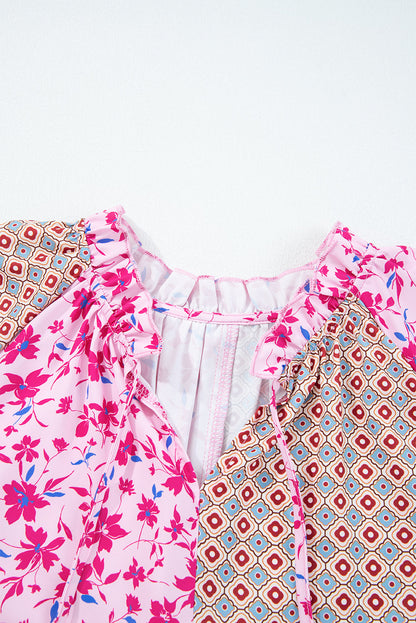 Boho Floral Patchwork Bubble Sleeve Blouse