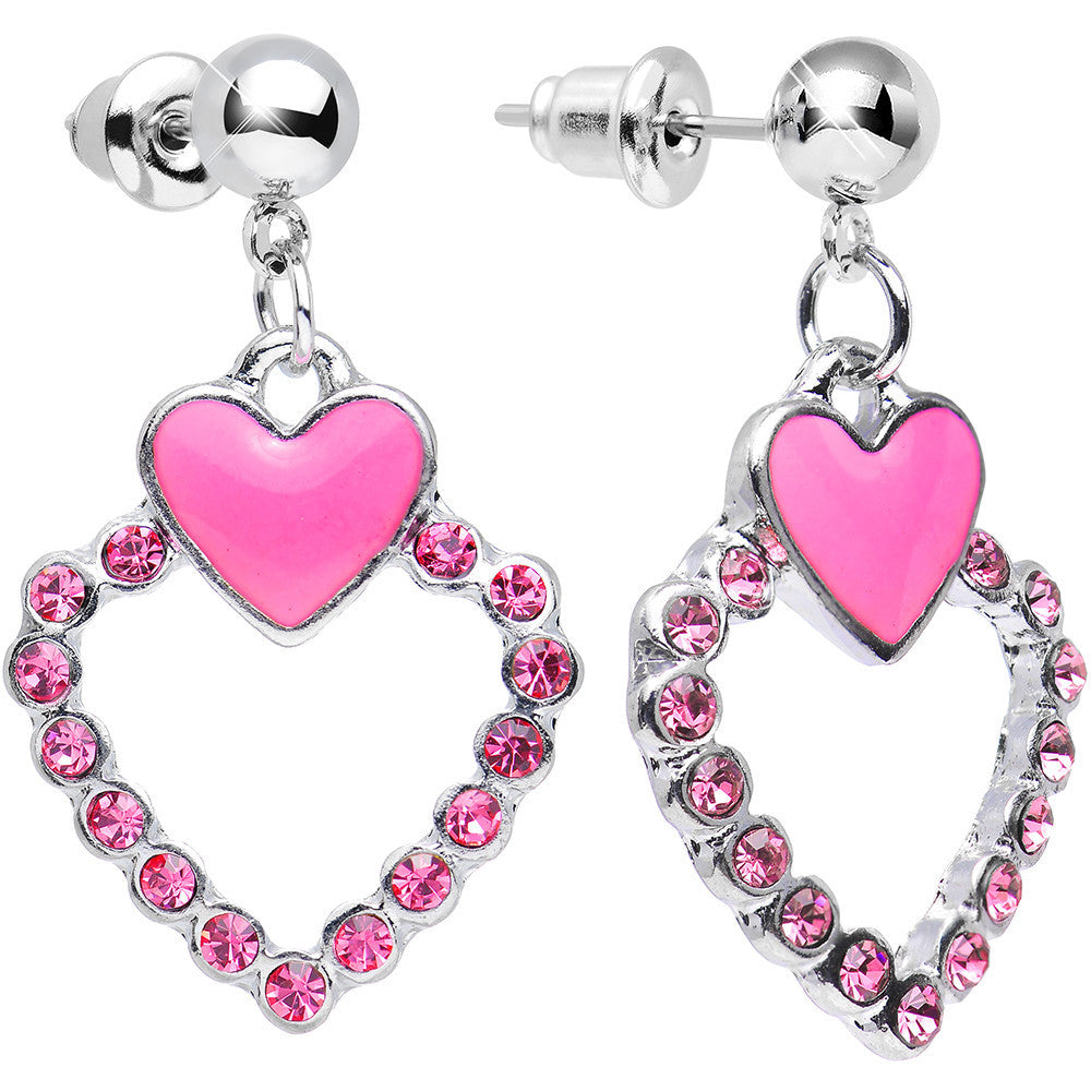 Pink Gem Bright Brim Hollow Heart Dangle Post Earrings