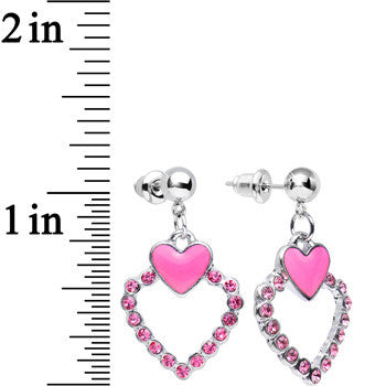 Pink Gem Bright Brim Hollow Heart Dangle Post Earrings