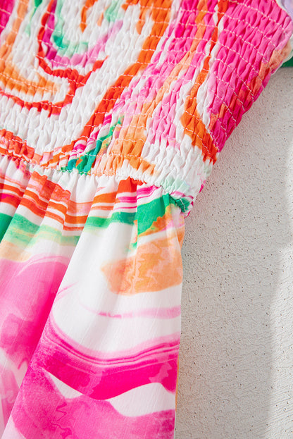 Abstract Ruffle Sleeve Smock Maxi Dress