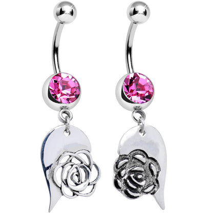 Pink Gem Garden Rose Flower Joined Heart Best Friends Dangle Belly Ring Set
