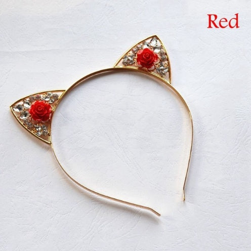 Alloy Diamond Rose Cat Ears Headband