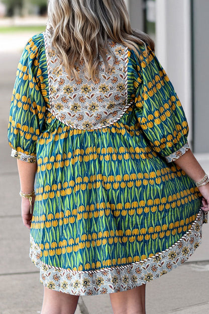 Plus Size Floral Stripe Trim 3/4 Sleeve Mini Dress