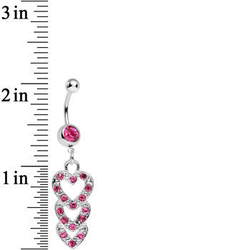Pink Gem Triple Trickle Heart Dangle Belly Ring