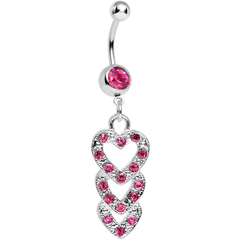 Pink Gem Triple Trickle Heart Dangle Belly Ring