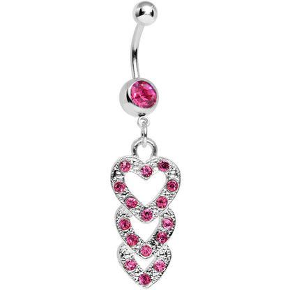 Pink Gem Triple Trickle Heart Dangle Belly Ring