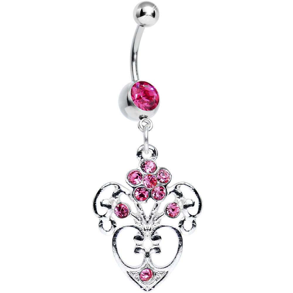 Pink Gem Flowering Heart Dangle Belly Ring