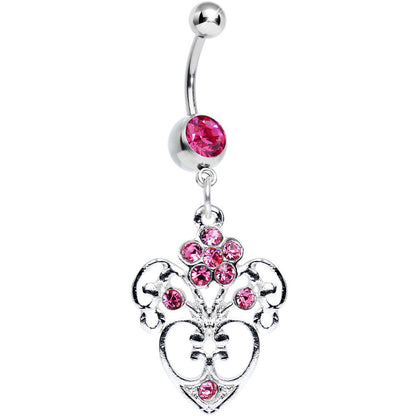 Pink Gem Flowering Heart Dangle Belly Ring