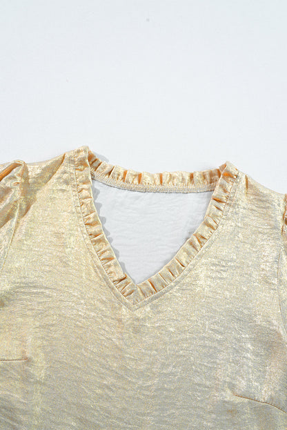 Solid Metallic V-Neck Puff Sleeve Babydoll Blouse