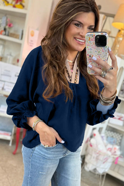 Leopard Trim Flounced  3/4 Sleeve V-Neck Blouse
