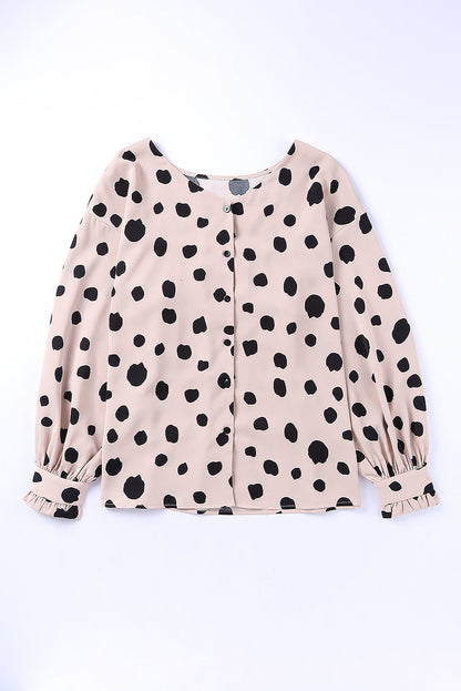 Button Frill Cuff Oversize Puff Sleeve Blouse