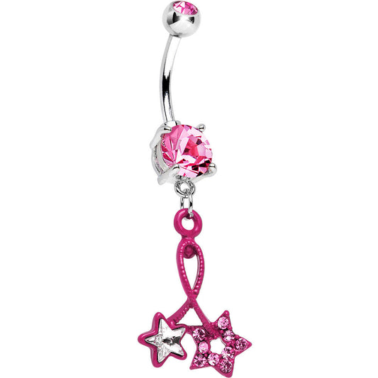 Pink Double Gem Twin String of Pink Stars Dangle Belly Ring