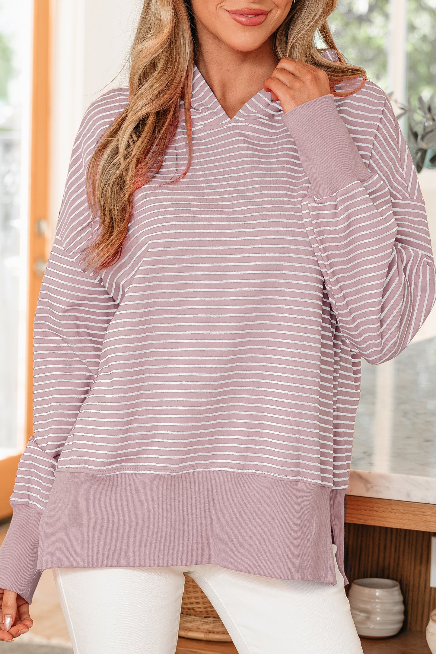 Stripe Thumbhole Side Slit Drop Shoulder Hoodie