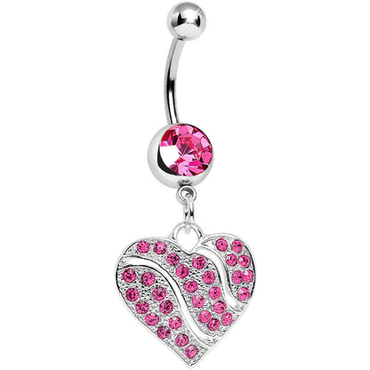 Pink Gem Sparkling Rivers of Love Heart Dangle Belly Ring
