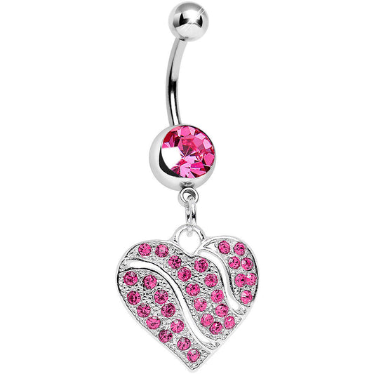 Pink Gem Sparkling Rivers of Love Heart Dangle Belly Ring