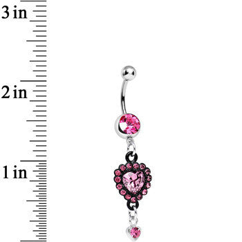 Pink Gem Ornate Black Lacework Heart Dangle Belly Ring