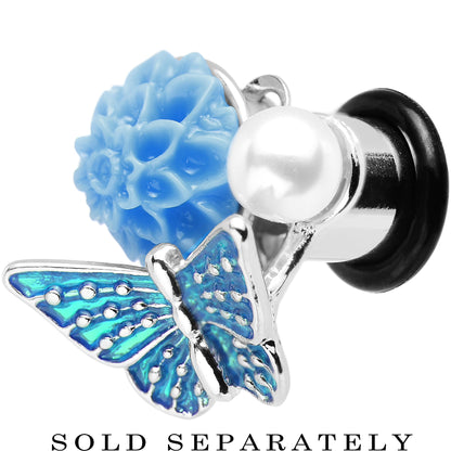0G Blue Acrylic Flower Aqua Butterfly Single Flare Steel Plug