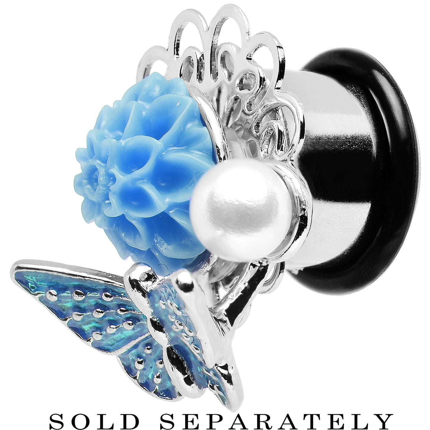 1/2 Blue Acrylic Flower Aqua Butterfly Single Flare Steel Plug