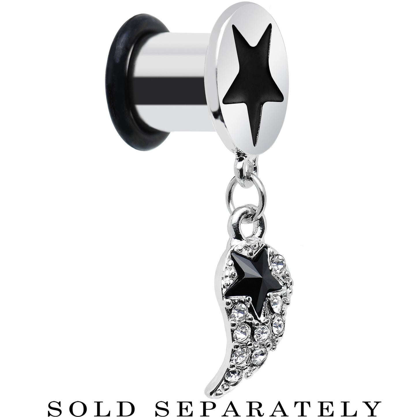 0G Clear Gem Angel Wing and Black Star Single Flare Dangle Plug