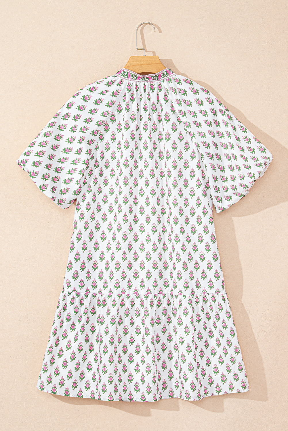 Floral Bubble Sleeve Neck Tie Ruffle Dress