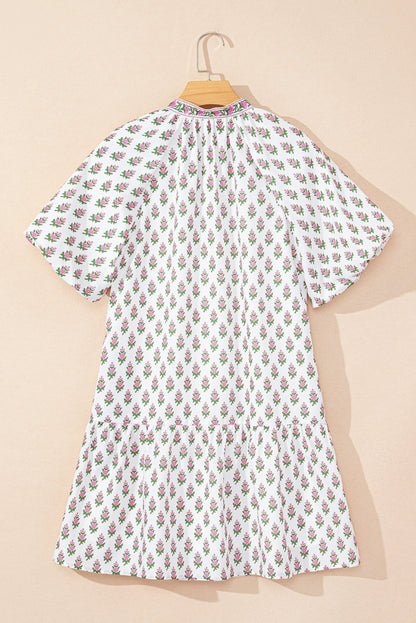 Floral Bubble Sleeve Neck Tie Ruffle Dress