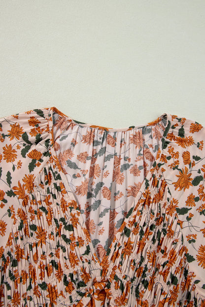 Floral Smocked V-Neck Bubble Sleeve Babydoll Dress