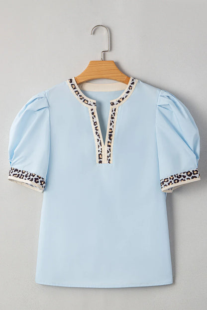 Leopard Contrast Trim Split Neck Puff Sleeve Blouse