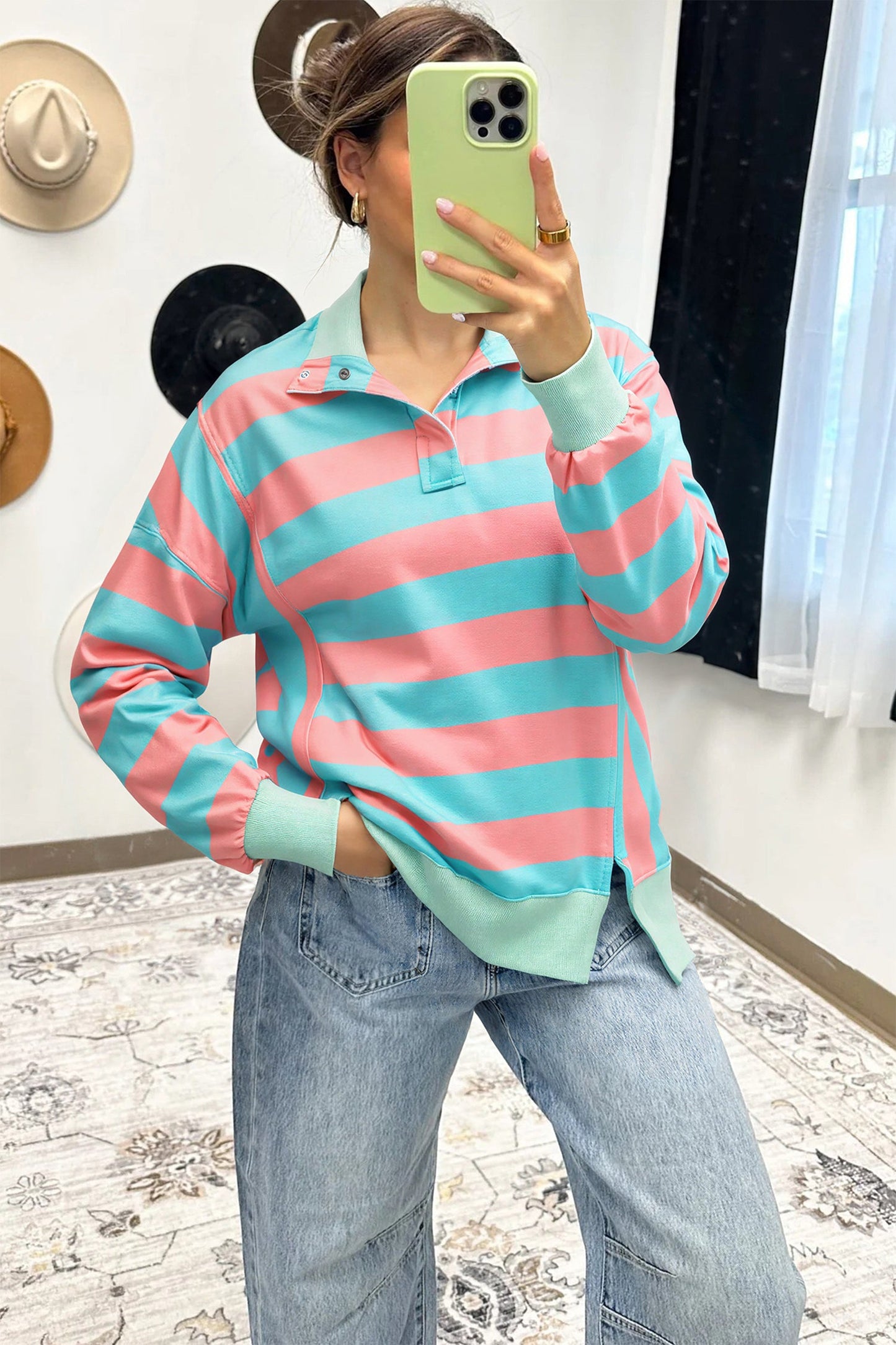Drop Shoulder Button Collar Side Slit Top