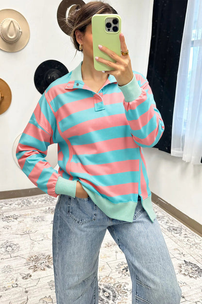 Drop Shoulder Button Collar Side Slit Top
