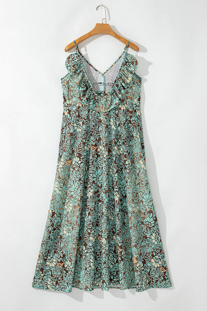 Floral V-Neck Ruffle Trim Backless Tassel Waist Dress