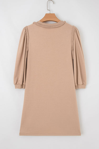Solid Braided Trim Puff Sleeve Dress