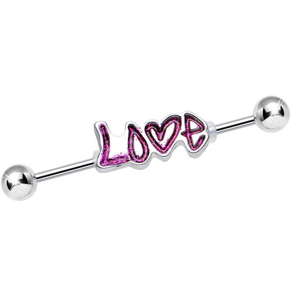 Pink Glitter Heart Full of Love Industrial Barbell