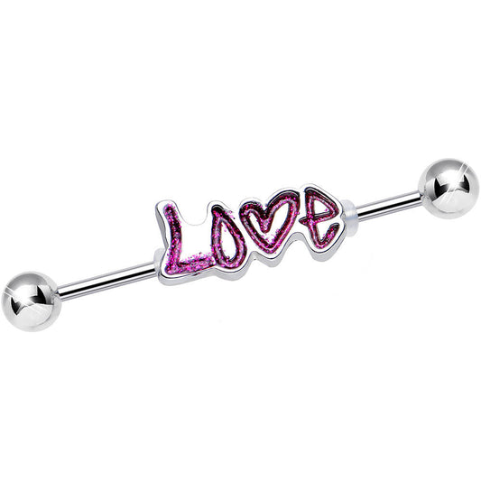 Pink Glitter Heart Full of Love Industrial Barbell