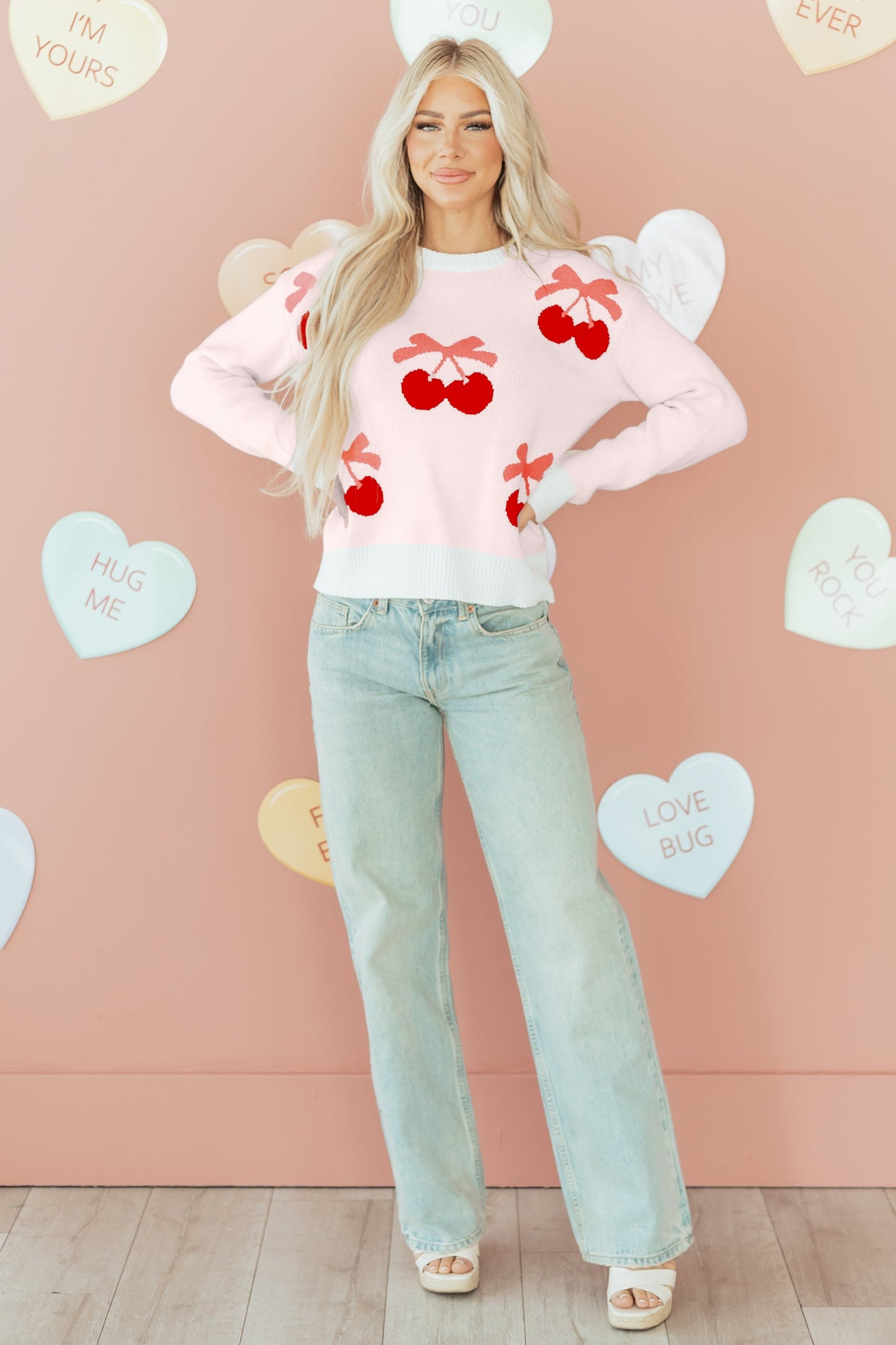 Valentine Bow Tie Cherry Drop Shoulder Sweater