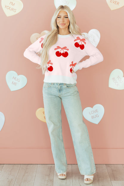 Valentine Bow Tie Cherry Drop Shoulder Sweater