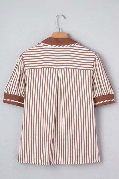 Stripe Collar Split Neck Bubble Sleeve Blouse