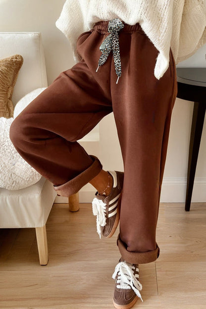 Leopard Drawstring Fleece Lined Elastic Waist Pants
