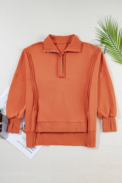 Solid Collared Drop Shoulder Side Slit Sweatshirt