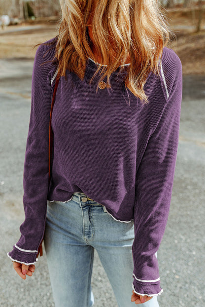 Solid Waffle Knit Round Neck Long Sleeve Top