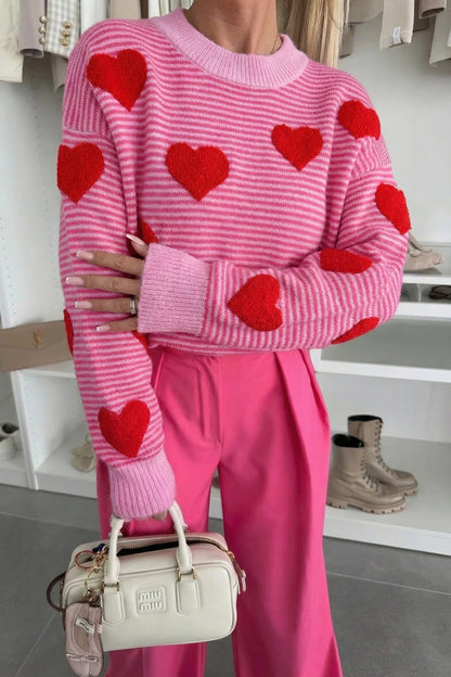 Valentine Heart Stripe Drop Shoulder Sweater